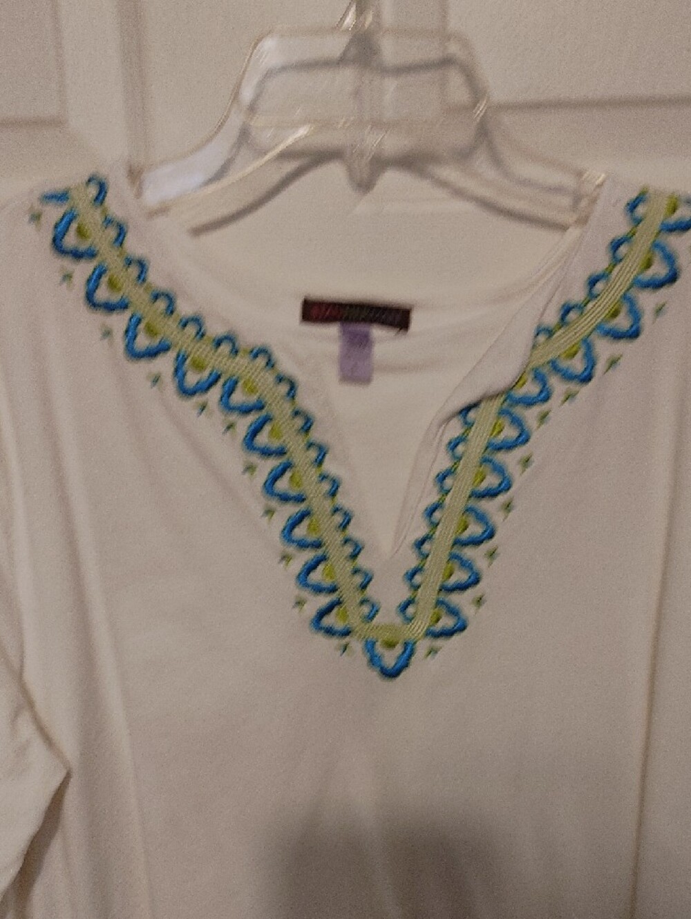 White Embroidered Women's Pajama Set with Blue & Green Accent - Picture 4 of 9
